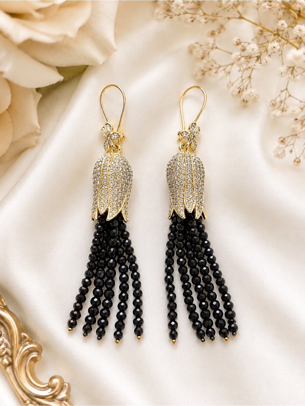 Turkish Tulip Tassel Earrings | Gold Tone Black Crystal Statement Earrings